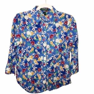 Ralph Lauren LRL Blue Floral Cotton Button Front Size PS Multi Color Shirt Top